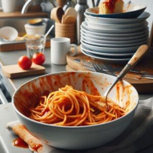 Bowl of pasta left out overnight on a kitchen counter along with a bunch of dirty dishes and silverware.