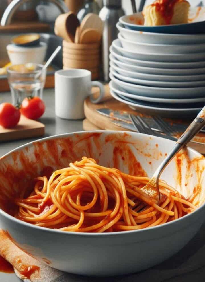 Bowl of pasta left out overnight on a kitchen counter along with a bunch of dirty dishes and silverware.