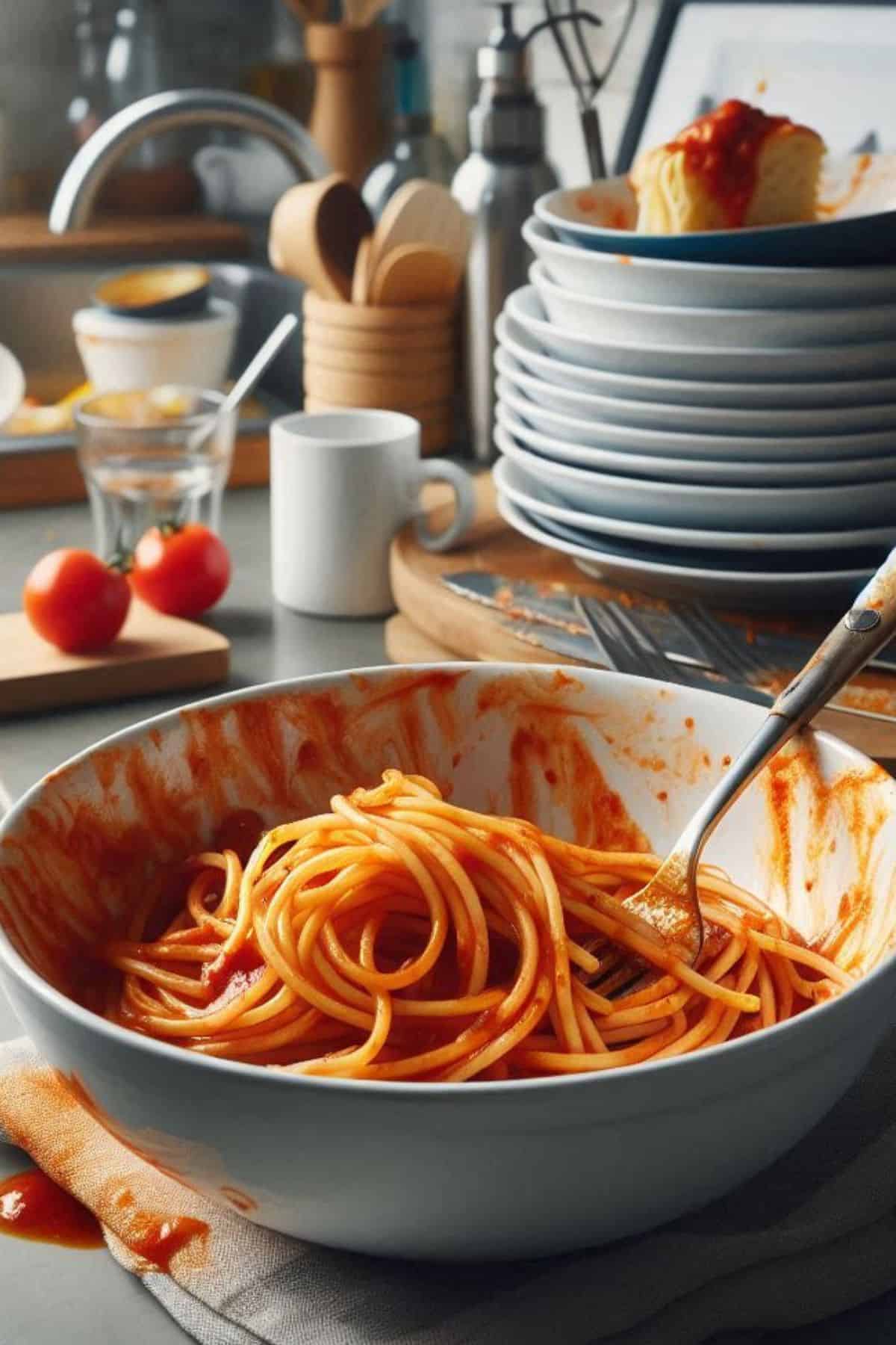 Bowl of pasta left out overnight on a kitchen counter along with a bunch of dirty dishes and silverware.