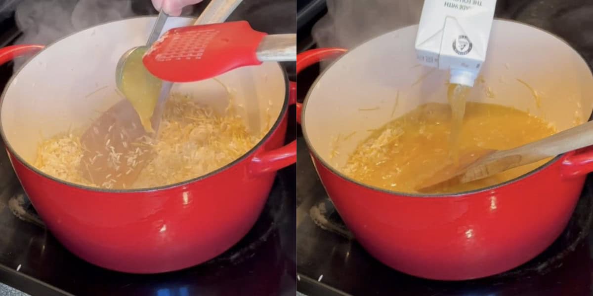 Side by side pictures showing Better than Bouillon and chicken stock being added to the rice pilaf